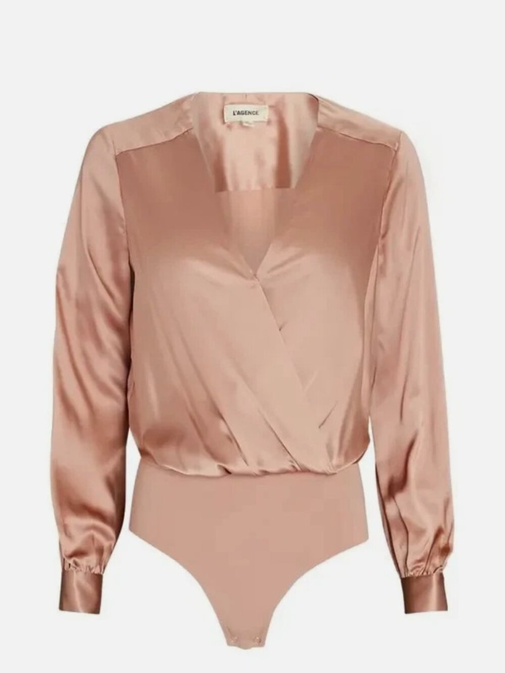 L'AGENCE Silk Bodysuit Blouse XS V-Neck Wrap Long Sleeve Tan Beige